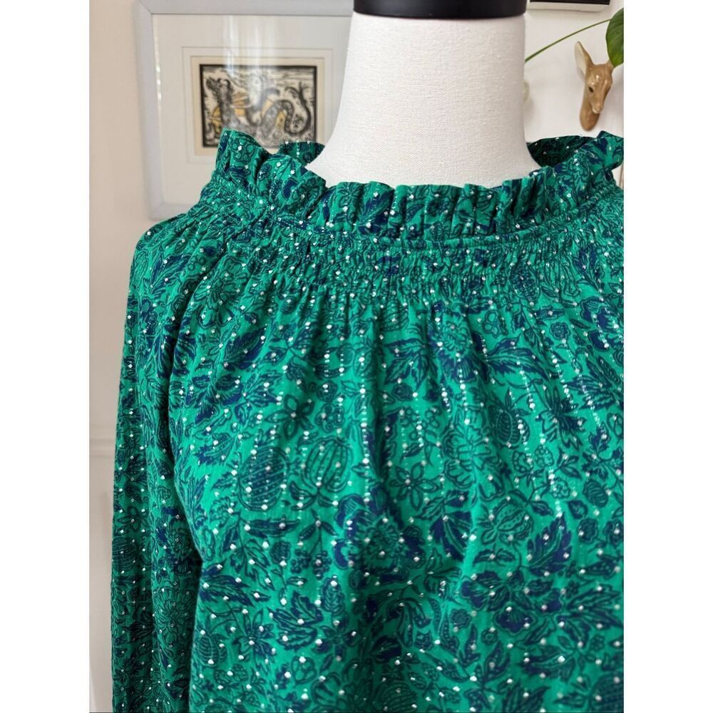 Talbots Kelly Green Navy Blue Silver Ruffle Neck Top Blouse Metallic Dot L